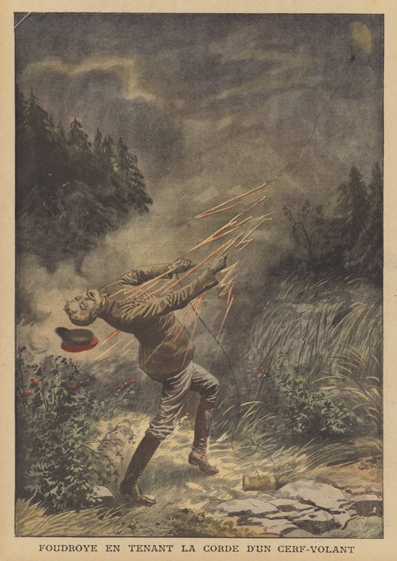 En mann drept av lyn mens han flyr en drage (farge litho) av French School