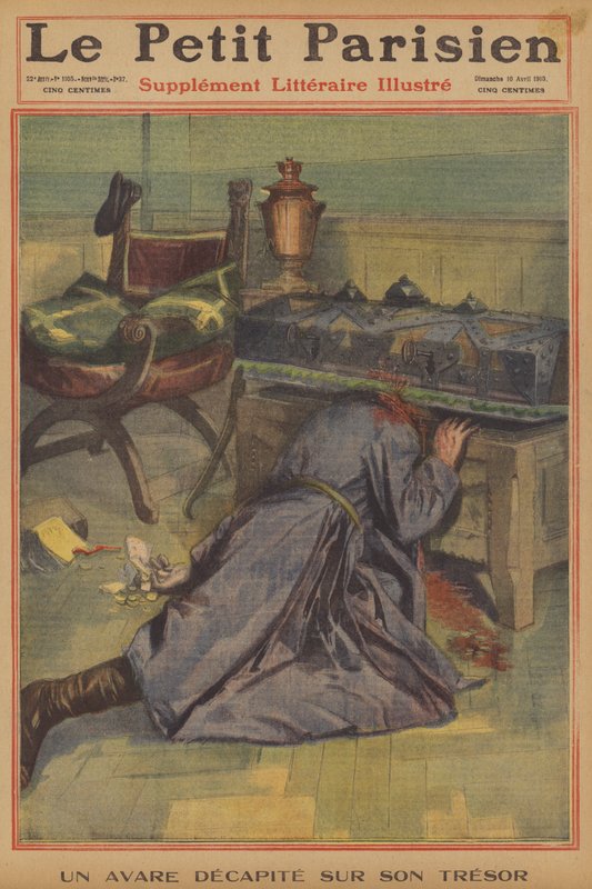 En gnier halshugget av skatten sin (farge litho) av French School
