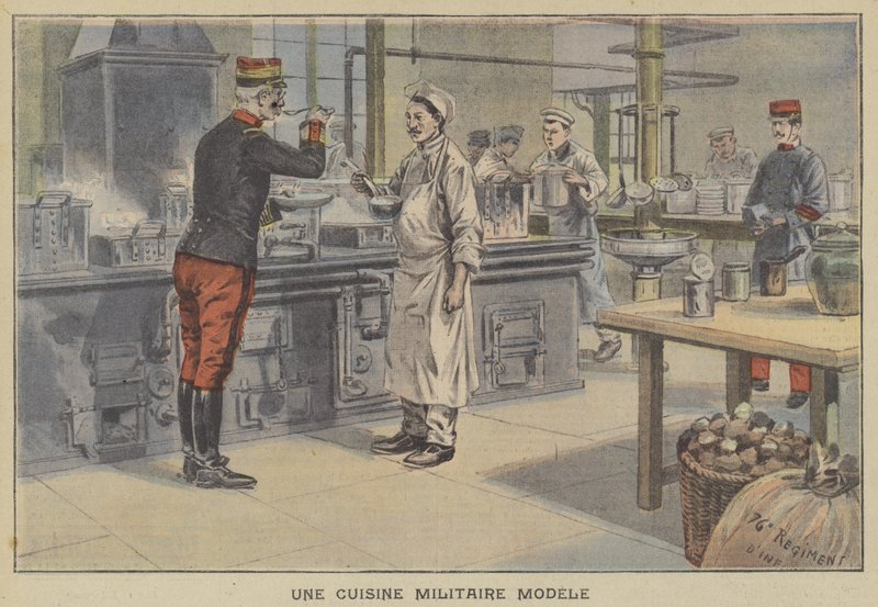 Et modell militærkjøkken (farge litho) av French School