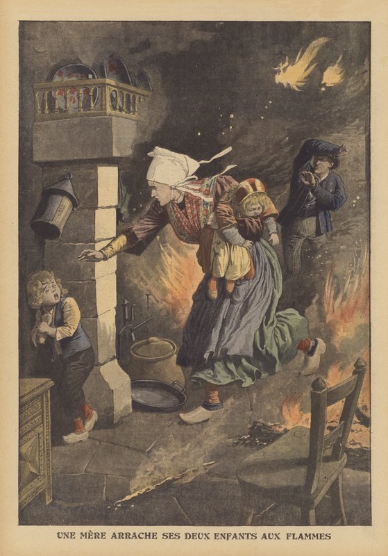 En mor redder barna sine fra en brann (farge litho) av French School