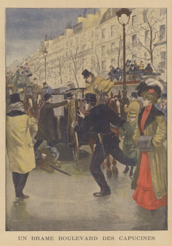 Et drap på Boulevard des Capucines, Paris (farge litho) av French School