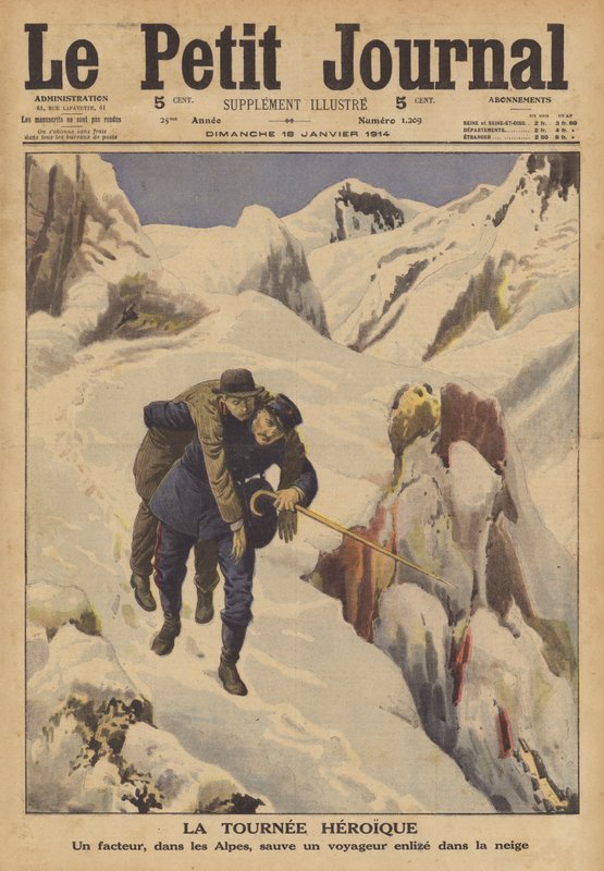 Et postbud redder en reisende tapt i snøen i Alpene (farge litho) av French School