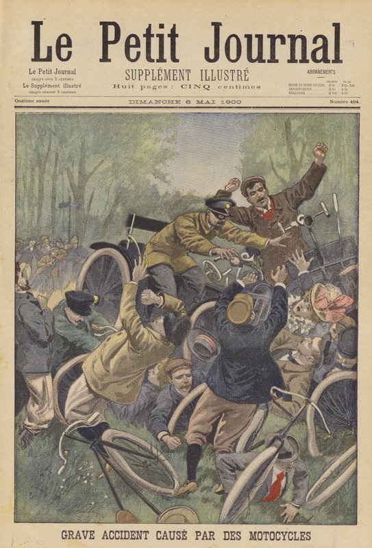 En alvorlig ulykke forårsaket av motorsykler (farge litho) av French School