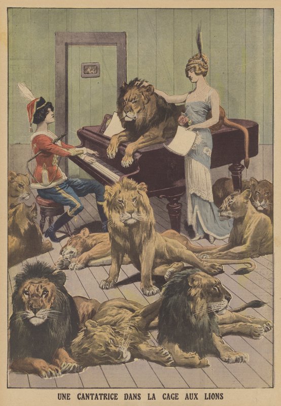 En sanger i en løvehule i Tyskland (farge litho) av French School