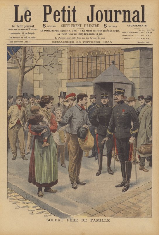 En soldat og overhode for hans familie (farge litho) av French School