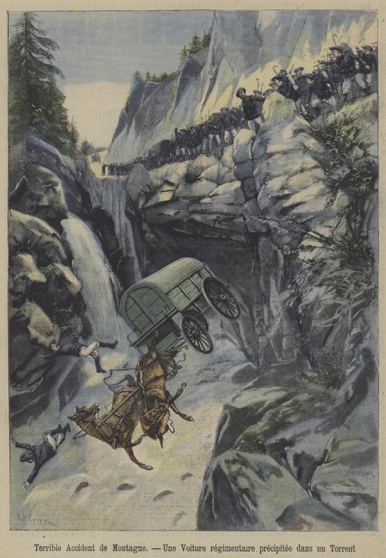 En forferdelig ulykke i fjellet (farge litho) av French School