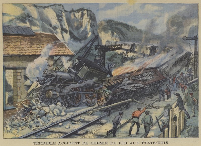 En forferdelig togulykke i USA (farge litho) av French School