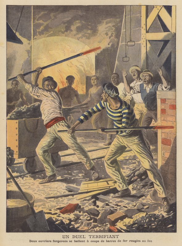 En skremmende duell (fargelitografi) av French School