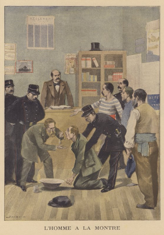 En tyv som svelget en klokke han hadde stjålet (farge litho) av French School
