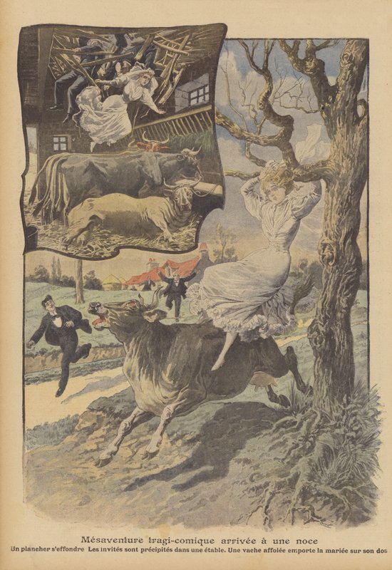 Et tragikomisk bryllupsulykke (fargelitho) av French School
