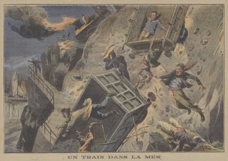 Et tog som faller i havet (farge litho) av French School