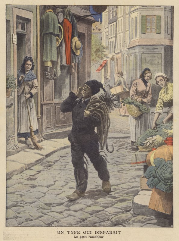 En rase som forsvinner: den lille skorsteinsfeieren (farge litho) av French School
