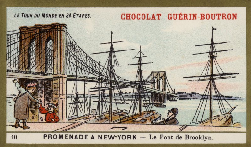 En spasertur i New York - Brooklyn Bridge (chromolitho) av French School