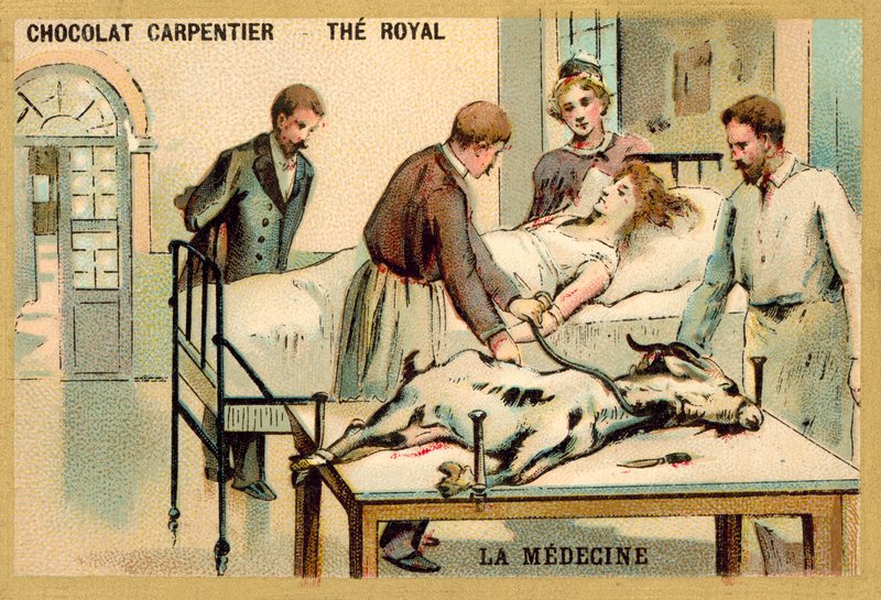 En kvinne som mottar en blodoverføring fra en geit (chromolitho) av French School