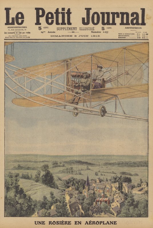 En ung kvinne tar en flytur i et fly i Montferrand, Frankrike (farge litho) av French School