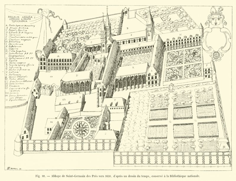 Abbey of Saint-Germain des Pres rundt 1630, fra en tegning fra tiden, oppbevart på Nasjonalbiblioteket av French School