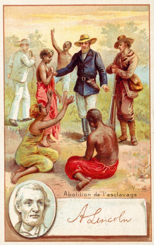 Abraham Lincoln og avskaffelsen av slaveri i USA (chromolitho) av French School