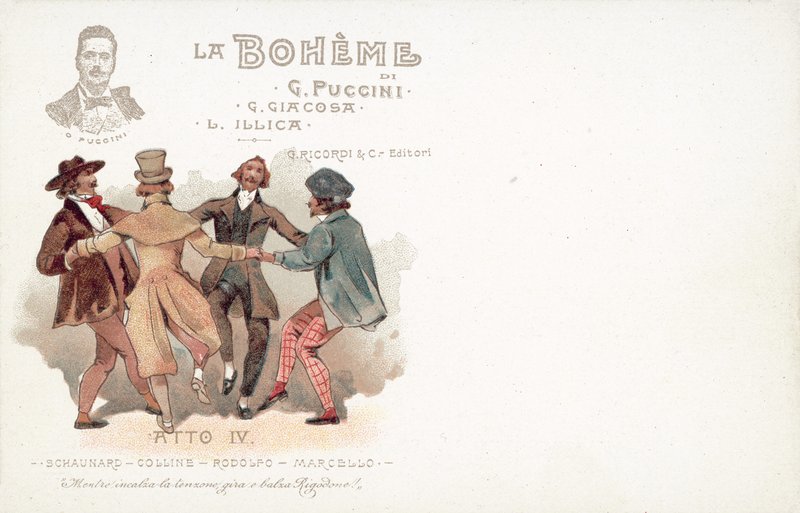 Fjerde akt, La Boheme (farge litho) av French School