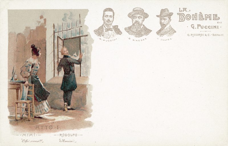 Første akt, La Boheme (farge litho) av French School