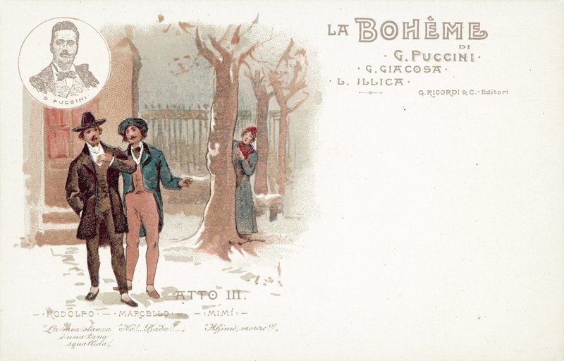 Tredje akt, La Boheme (farge litho) av French School