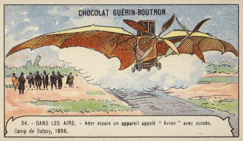 Ader gjorde en vellykket flytur i sin flymaskin Avion, Camp de Satory, Frankrike av French School