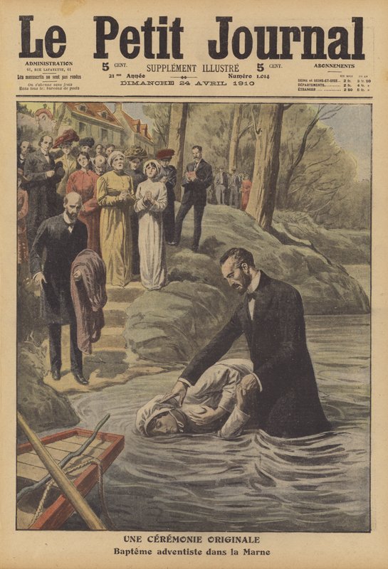 Adventistdåp i elven Marne (farge litho) av French School