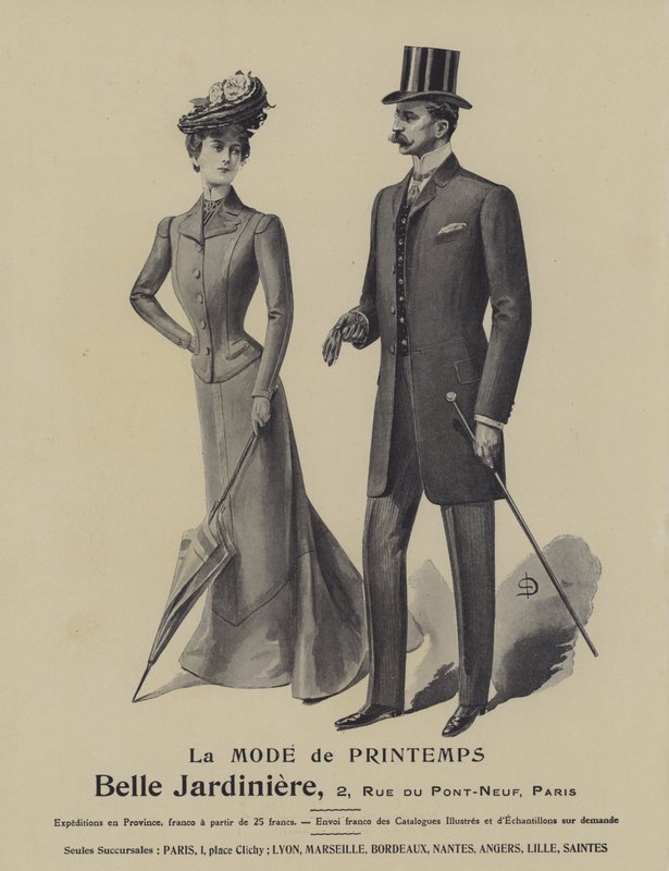 Annonse for vårmote fra klesbutikken Belle Jardiniere, Paris (litho) av French School