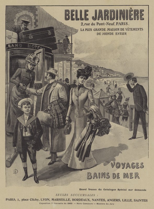 Annonse for klesbutikken Belle Jardiniere, Paris (litho) av French School