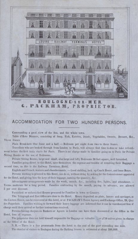 Annonse for Louvre Railway Terminus Hotel, Boulogne-sur-Mer, Frankrike (litho) av French School