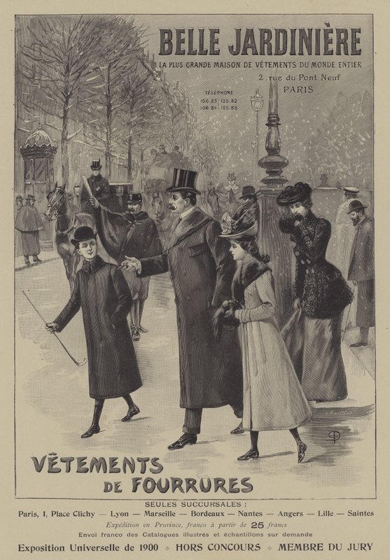 Annonser for pelsplagg fra Belle Jardiniere, Paris (litho) av French School
