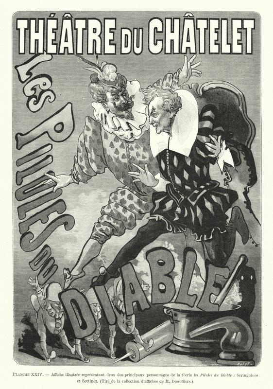 Illustrert plakat som representerer to av hovedpersonene i eventyret Les Pilules du Diable, Seringuinos og Sottinez (gravering) av French School