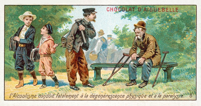 Alkoholisme fører uunngåelig til fysisk degenerasjon og lammelse (chromolitho) av French School