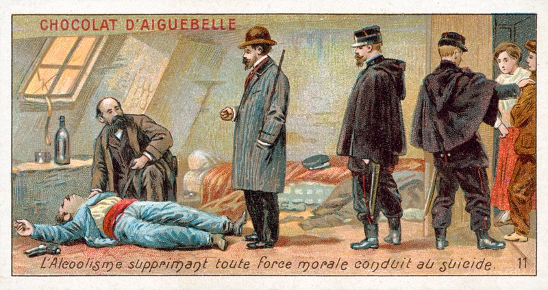 Alkoholisme undertrykker all moralsk styrke og fører til selvmord (chromolitho) av French School