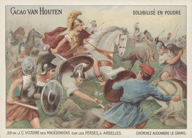 Alexander den stores seier over perserne i slaget ved Arbela, 331 f.Kr. (chromolitho) av French School