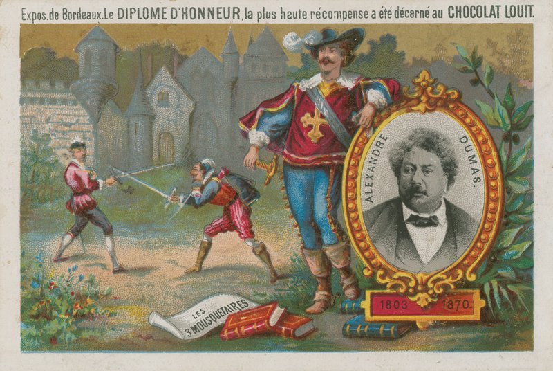 Alexandre Dumas og en scene fra De tre musketerer av French School