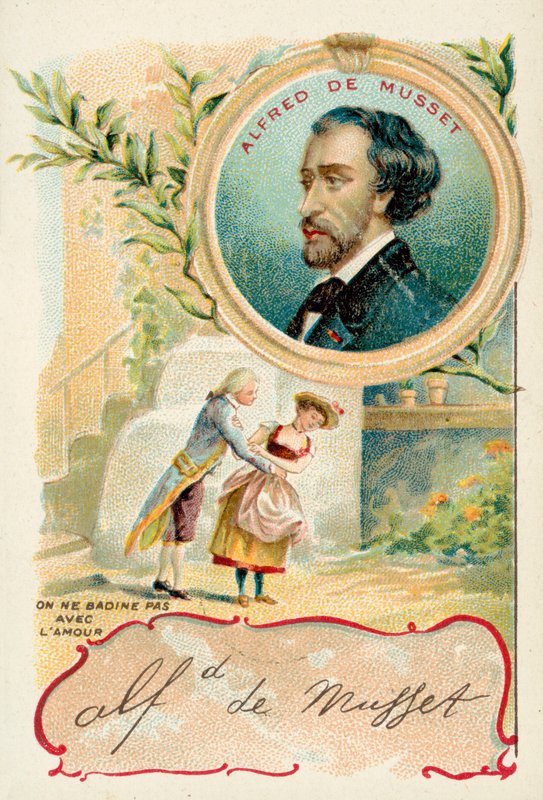 Alfred de Musset , fransk dramatiker, romanforfatter og poet (chromolitho) av French School