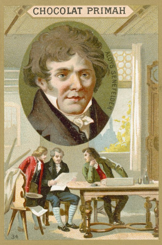 Alois Senefelder , tysk dramatiker, skuespiller og oppfinner av litografi av French School