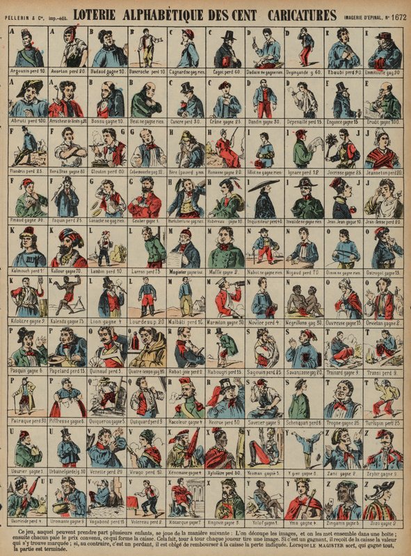 Alfabetisk lotteri på hundre karikaturer (farget gravering) av French School