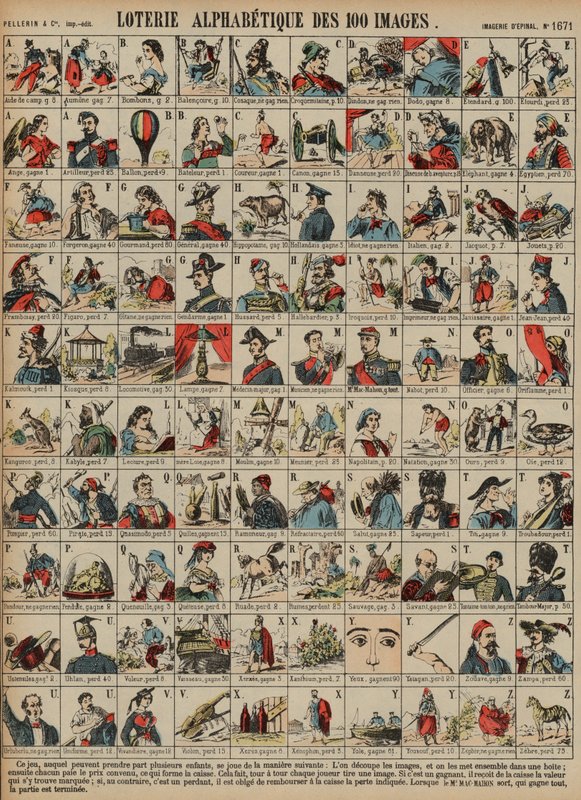 Alfabetisk lotteri på hundre bilder (farget gravering) av French School