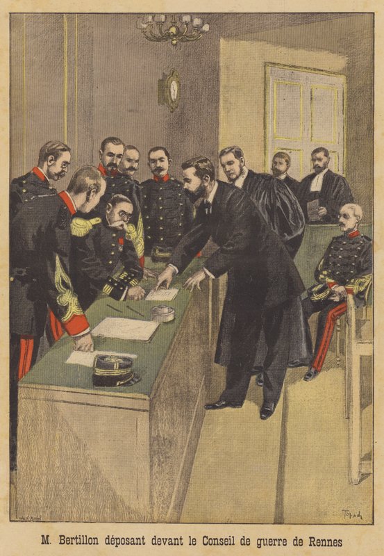 Alphonse Bertillon vitner for den andre krigsretten til Alfred Dreyfus i Rennes av French School