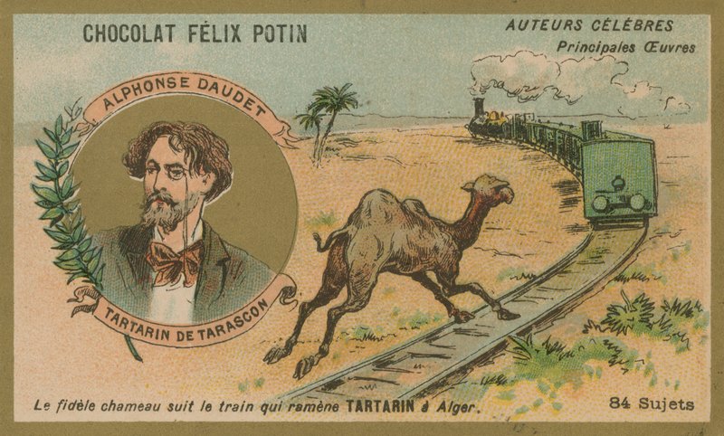 Alphonse Daudet og en scene fra Tartarin de Tarascon av French School