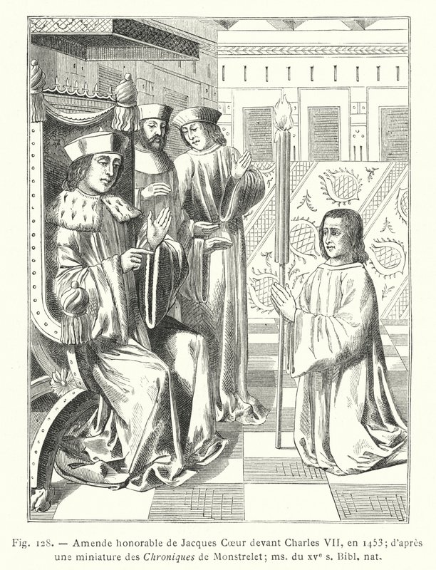 Honorable amends of Jacques Coeur før Charles VII, i 1453; etter en miniatyr fra Chroniques de Monstrelet; ms fra 1400-tallet, Bibl nat (gravering) av French School