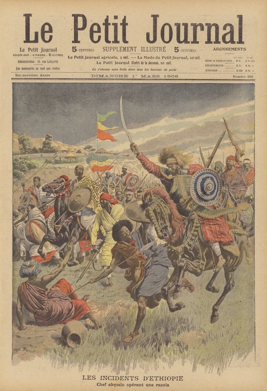 En abyssinisk høvding som leder et raid mot somaliere (farge litho) av French School