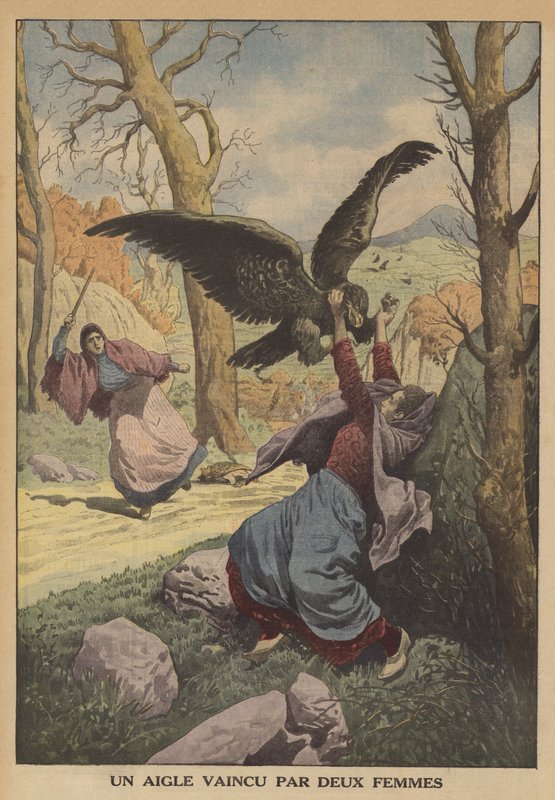 En ørn beseiret av to kvinner (farge litho) av French School