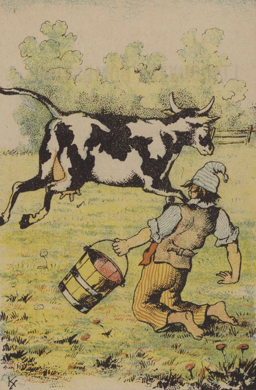 Et mislykket forsøk på å melke en ku (farge litho) av French School