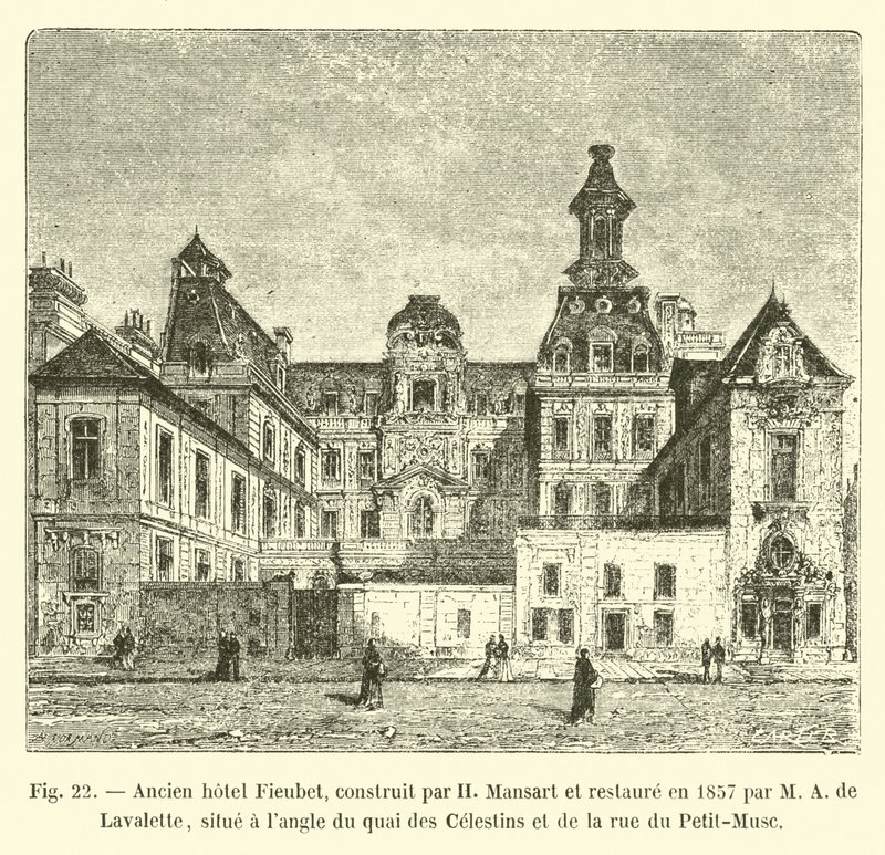 Tidligere Fieubet-hotell, bygget av H Mansart og restaurert i 1857 av M A de Lavalette, som ligger på hjørnet av Quai des Celestins og Rue du Petit-Musc av French School