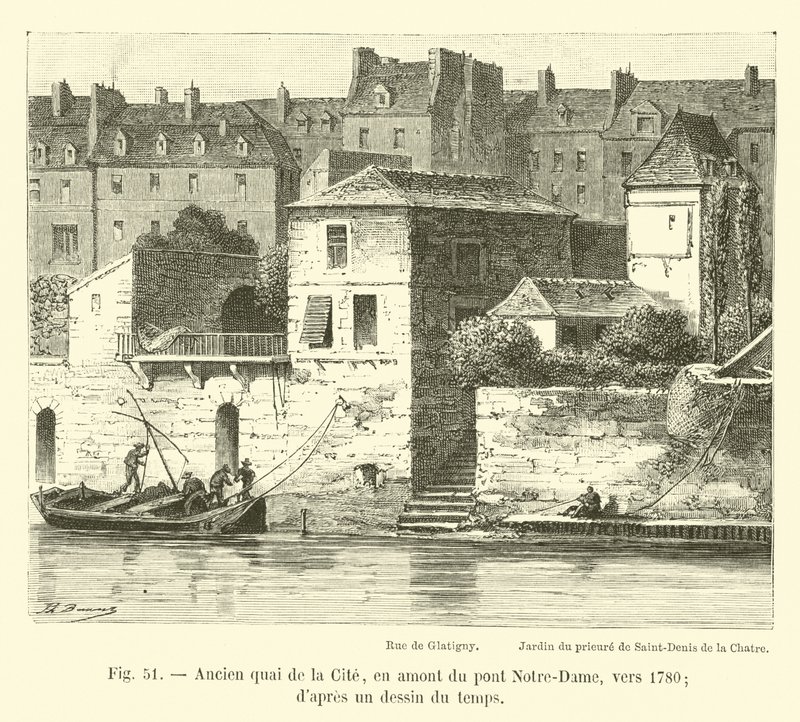 Tidligere quai de la Cite, oppstrøms fra Notre-Dame-broen, rundt 1780; fra en tegning av tiden av French School