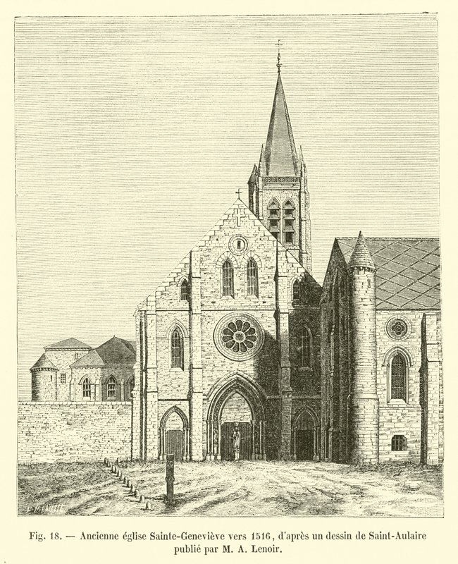 Tidligere Sainte-Genevieve kirke rundt 1516, etter en tegning av Saint-Aulaire utgitt av MA Lenoir av French School