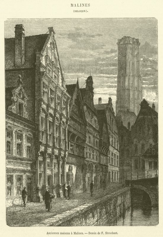 Gamle hus i Mechelen (gravering) av French School