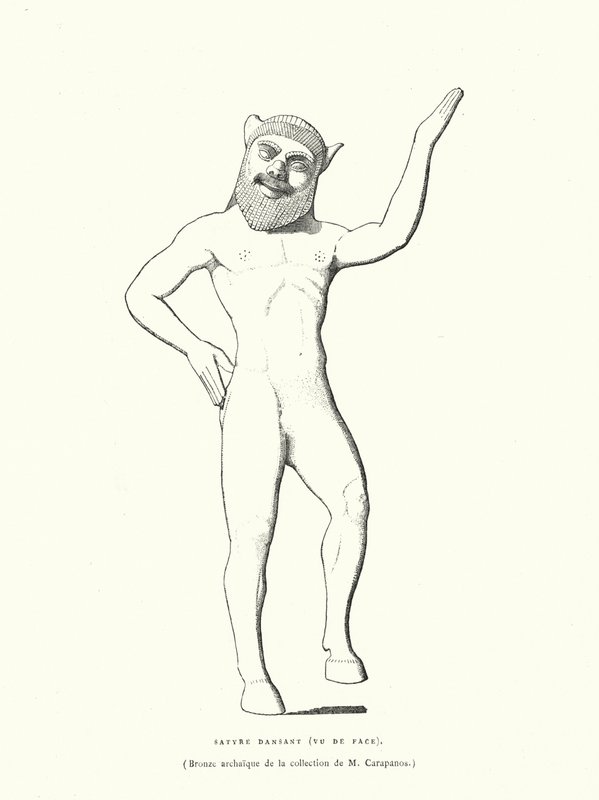 Gammel gresk bronsefigur av en dansende satyr (gravering) av French School